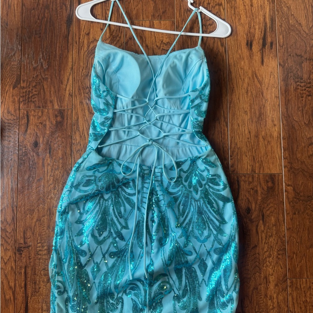 Turquoise Sequin Patterned Dress - image 2